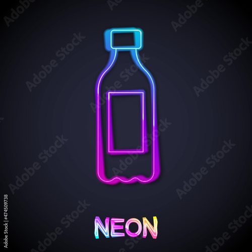 Glowing neon line Bottle of water icon isolated on black background. Soda aqua drink sign. Vector