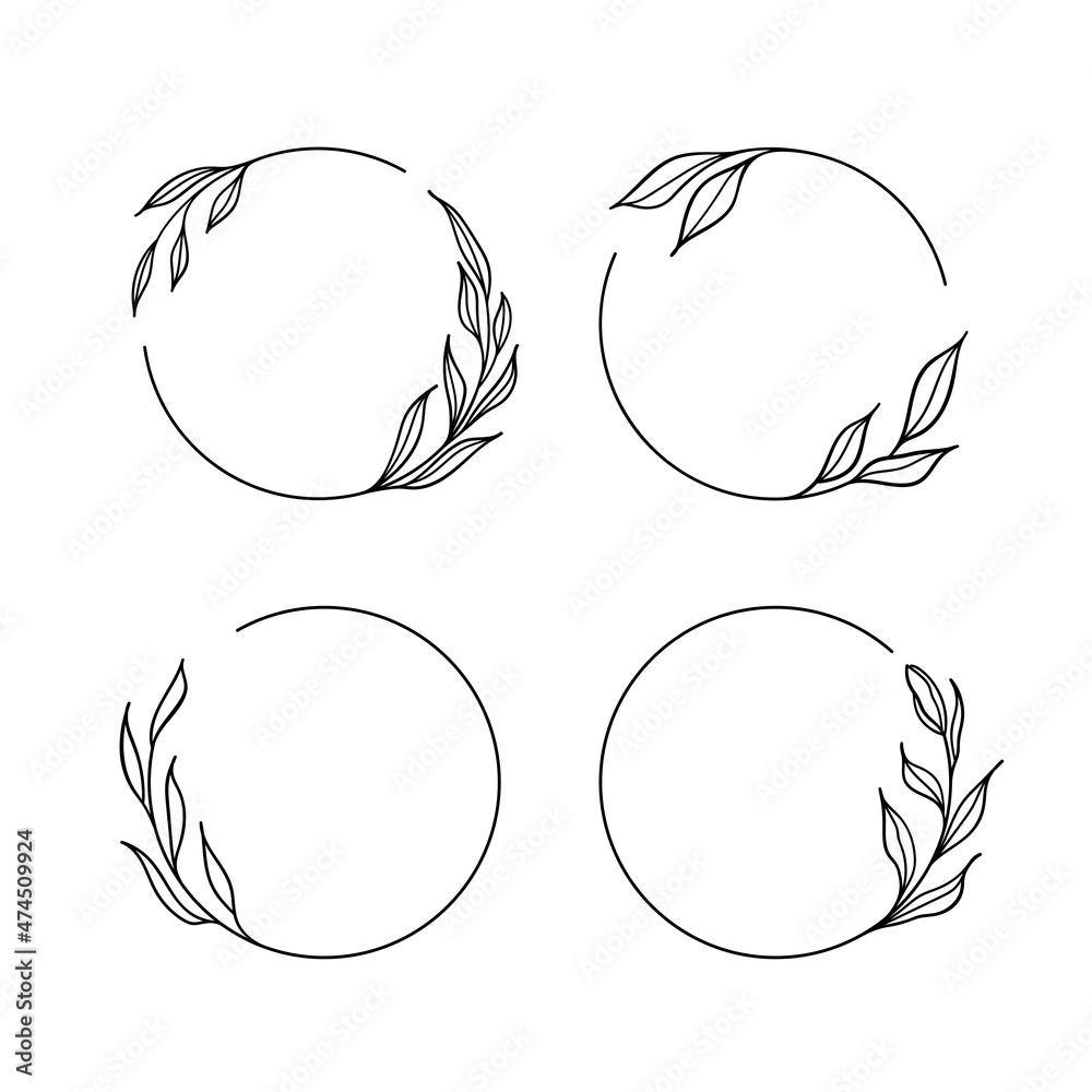 Fototapeta premium Set of minimal floral wreaths. Vector hand drawn line art graphics for logo & monogram design creation and spring / summer related design.
