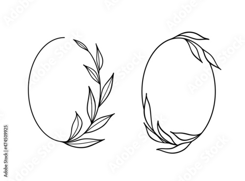 Minimal floral frames. Vector hand-drawn line art graphics. Leaves in an oval shape.