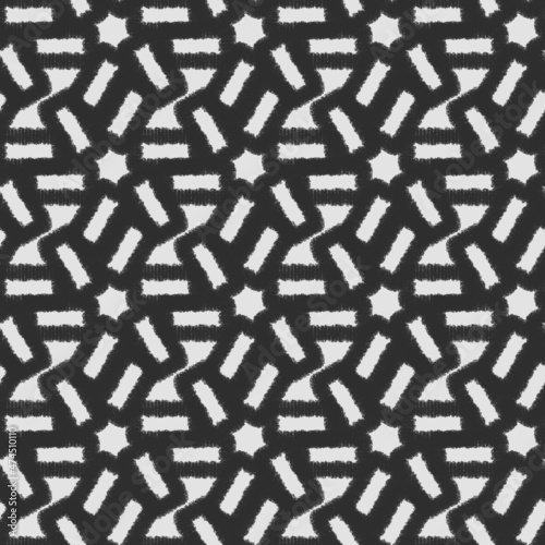 Seamless geometric pattern of mandalas, circles, lines. A white ornament on a black background, hand-drawn. Retro style. Design of the background, interior, wallpaper, textiles, fabric, packaging.