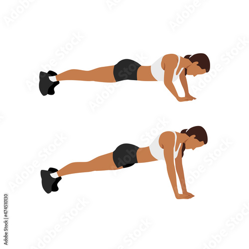 Woman doing diamond pyramid push ups exercise flat vector illustration isolated on white background