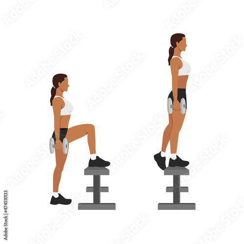 Woman doing dumbbell step ups exercise flat vector illustration isolated on white background