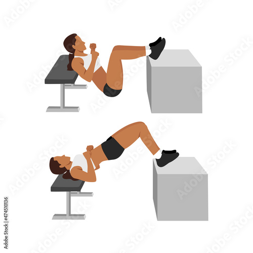 Woman doing elevated barbell flute bridges. hip raises exercise flat vector illustration isolated on white background