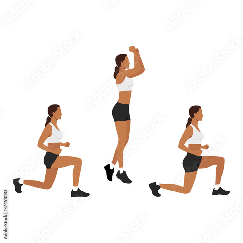 Woman doing explosive jumping alternating lunges exercise flat vector illustration isolated on white background