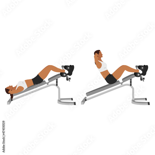 Woman doing decline bench sit ups. crunches exercise flat vector illustration isolated on white background