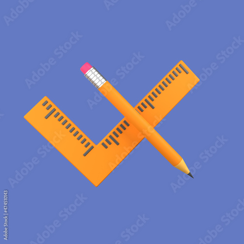 3d cartoon stationery isolated on blue background, pencil and ruler stationery. 3d rendering illustration