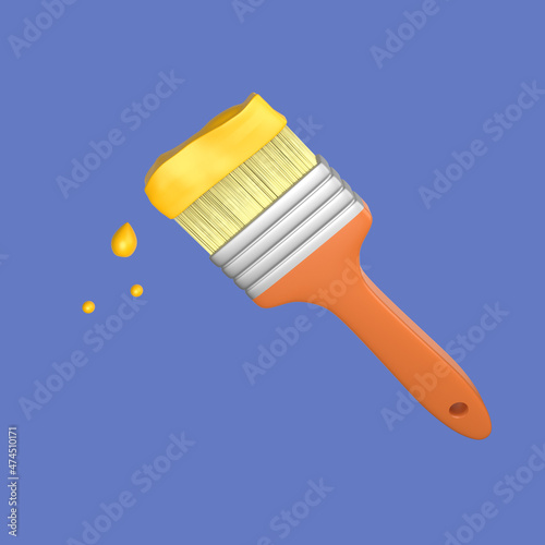 3d cartoon wood paint brush with yellow wall paint isolated on blue background, wood paint brush with yellow wall paint. 3d rendering illustration
