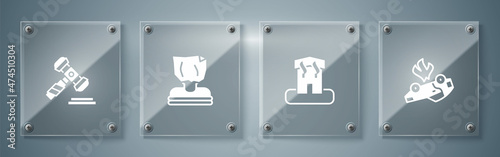 Set Burning car, Arson home, Kidnaping and Judge gavel. Square glass panels. Vector