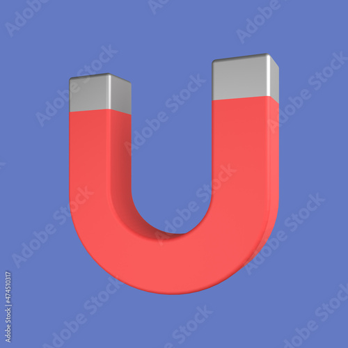3d cartoon horseshoe magnet isolated on blue background, horseshoe magnet object. 3d rendering illustration