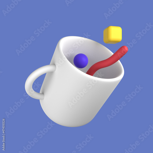 3d cartoon glass cup with abstract object isolated on blue background, glass cup with abstract object. 3d rendering illustration