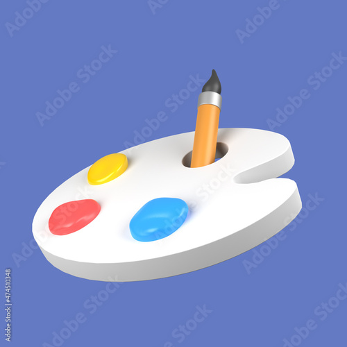 3d cartoon color palette with brush isolated on blue background, color palette with brush. 3d rendering illustration