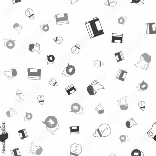 Set Paper package for kefir, Baby milk in bottle, Milk jug pitcher and Udder on seamless pattern. Vector