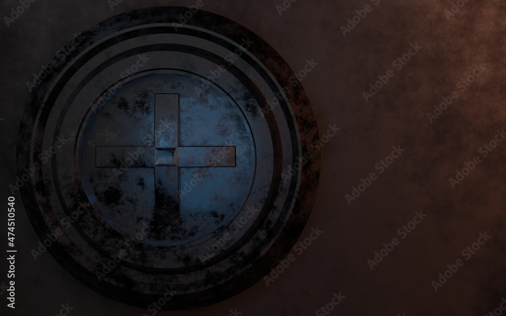 Close up circle metal rusty key lock the door texture scene 3D rendering wallpaper background