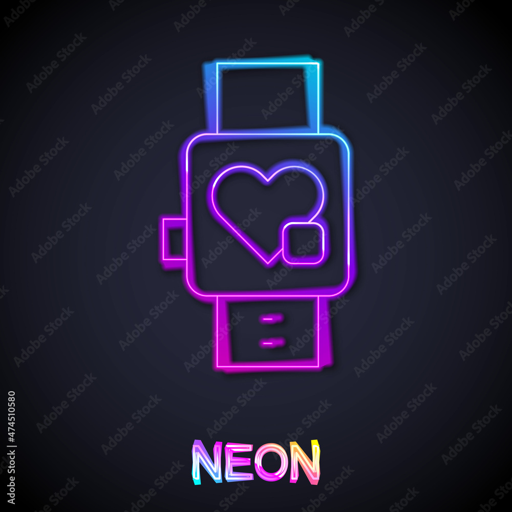 Glowing neon line Smart watch showing heart beat rate icon isolated on black background. Fitness App concept. Vector Glowing neon line Smart watch showing heart beat rate icon isolated on black background. Fitness App concept. Vector