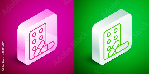 Isometric line Sports doping, anabolic drugs with dumbbell icon isolated on pink and green background. Anabolic steroids tablet. Pills in jar. Silver square button. Vector