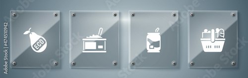 Set Shopping basket and food, Soda can, Tin with caviar and Healthy organic pear. Square glass panels. Vector