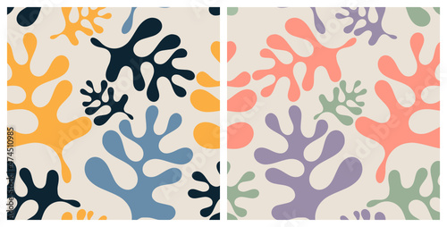 Seamless patterns with abstract tropical plants on pastel backgrounds vector illustration.