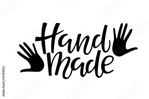 Stamp for handmade products. Hands silhouette and Hand made Handwritten Calligraphy lettering. Logo for your product, shop, labels or badges, personal site. Vector black white tag isolated.