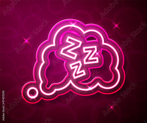 Glowing neon line Sleepy icon isolated on red background. Sleepy zzz talk bubble. Vector