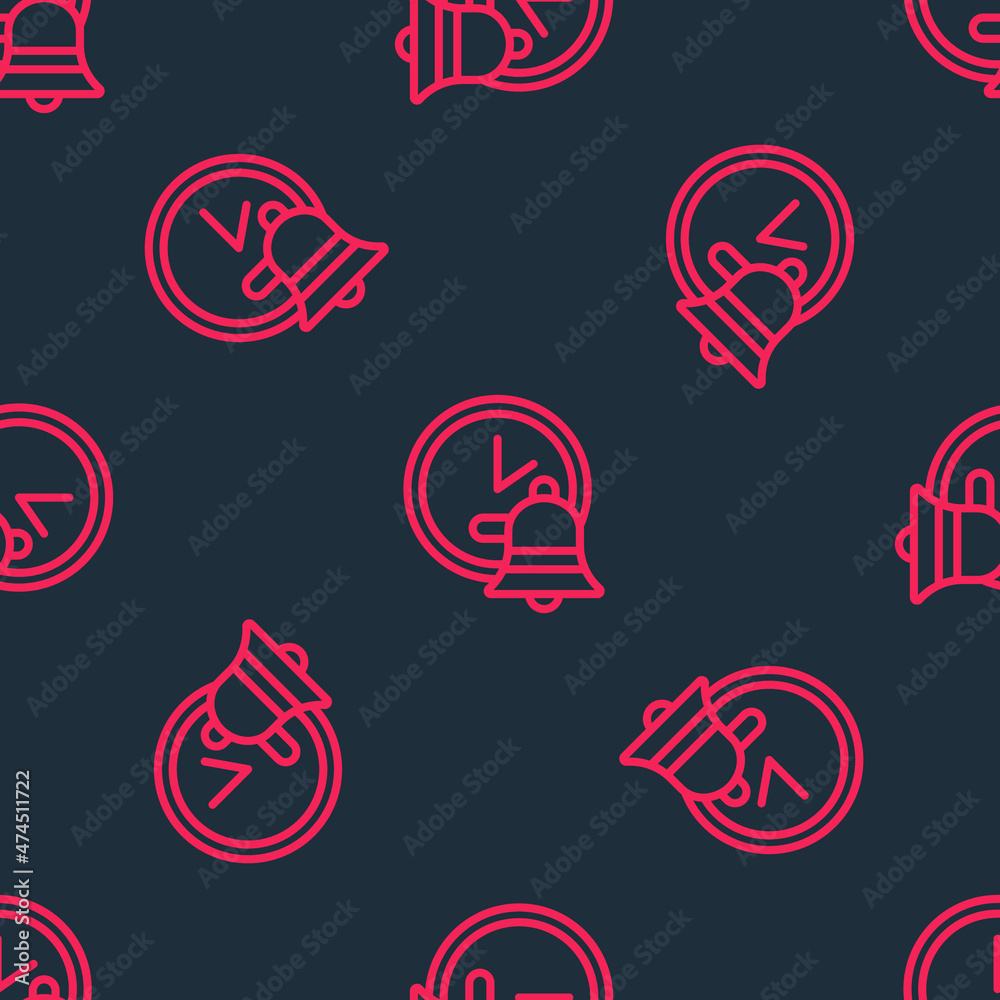 Red line Alarm clock icon isolated seamless pattern on black background. Wake up, get up concept. Time sign. Vector