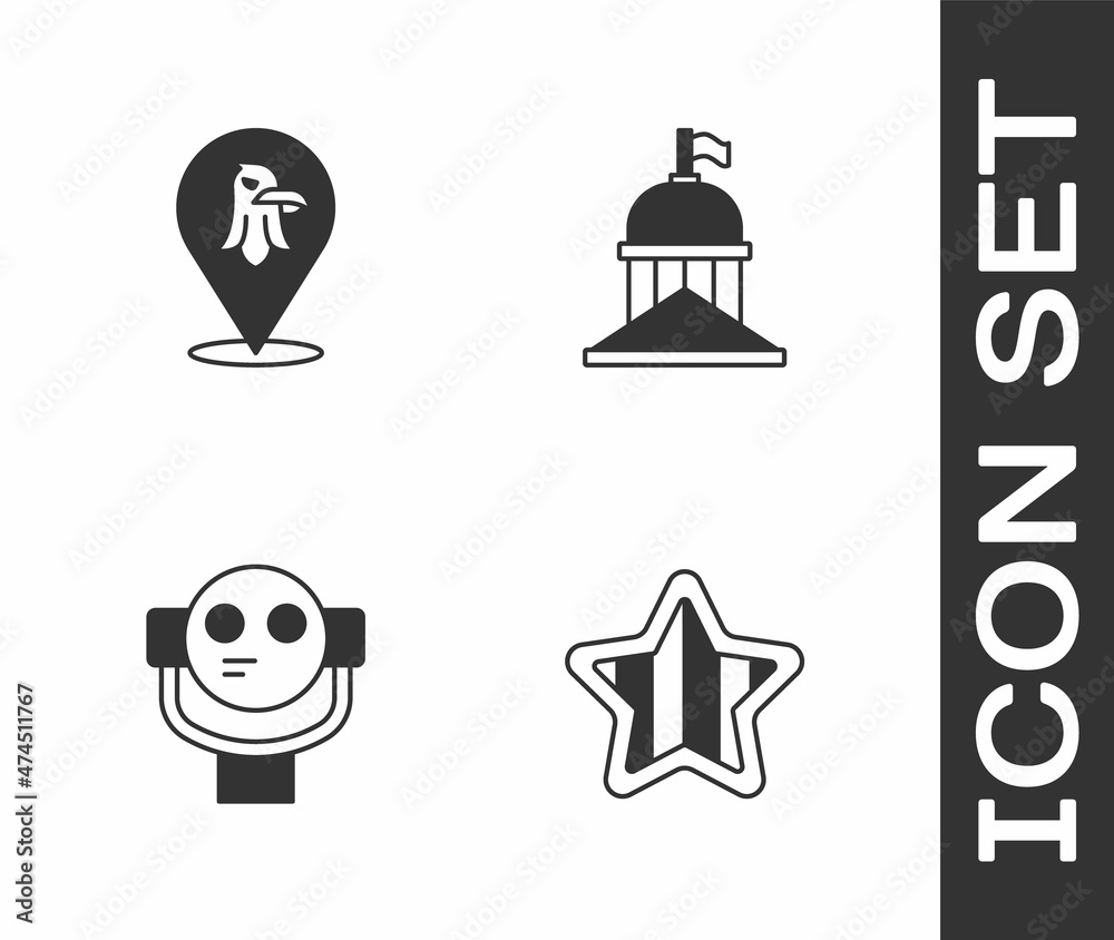 Set USA Independence day, Eagle, Tourist binoculars and White House icon. Vector