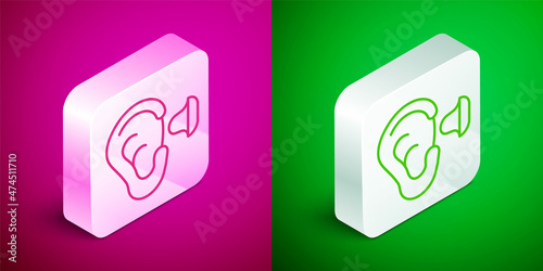 Isometric line Earplugs and ear icon isolated on pink and green background. Ear plug sign. Noise symbol. Sleeping quality concept. Silver square button. Vector
