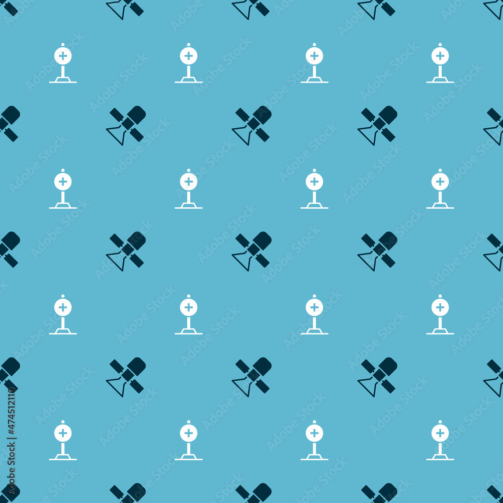 Set Satellite and Location with cross hospital on seamless pattern. Vector