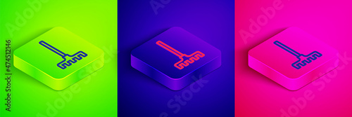 Isometric line Garden rake icon isolated on green, blue and pink background. Tool for horticulture, agriculture, farming. Ground cultivator. Housekeeping equipment. Square button. Vector