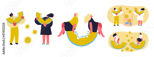 Vector illustration with young man and woman holding huge exotic fruits. Berries lover concept. Funny colored typography poster, apparel print design, bar menu decoration. Isolated. EPS 10. 