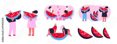 Vector illustration with young man and woman holding huge exotic fruits. Berries lover concept. Funny colored typography poster, apparel print design, bar menu decoration. Isolated. EPS 10. 