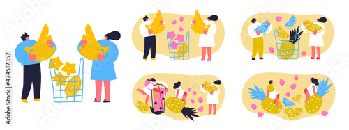 Summer party with flat people character, fruits, tropical fresh beverage. Tiny woman and man enjoy the melon. Summer party concept. Editable vector illustration for invitation, postcard, website.