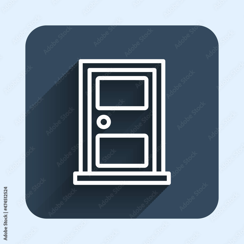 White line Closed door icon isolated with long shadow background. Blue square button. Vector White line Closed door icon isolated with long shadow background. Blue square button. Vector