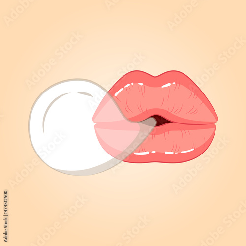 Female pink beautiful lips blowing white gum bubble, Illustration in the cartoon style