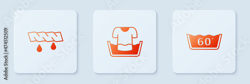 Set Basin with shirt, Squeeze clothes and Temperature wash. White square button. Vector