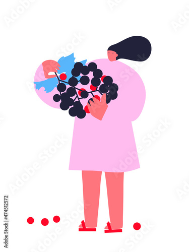Vector illustration with young woman holding huge fruit grape. Funny colored typography poster, apparel print design, cafe menu. Grape wine lover concept. Isolated. EPS 10. 