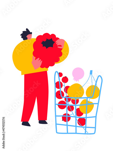 Vector illustration with young man and woman holding huge raspberries. Funny colored typography poster, apparel print design, cafe menu.  Fruit lover concept. Isolated. EPS 10. 
