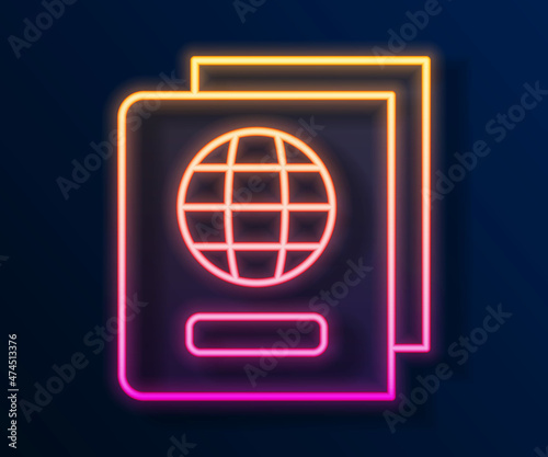 Glowing neon line Passport with biometric data icon isolated on black background. Identification document. Vector