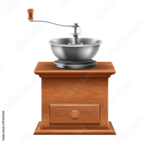 Manual classic coffee grinder in wooden case, realistic 3d vector illustration, isolated on white background