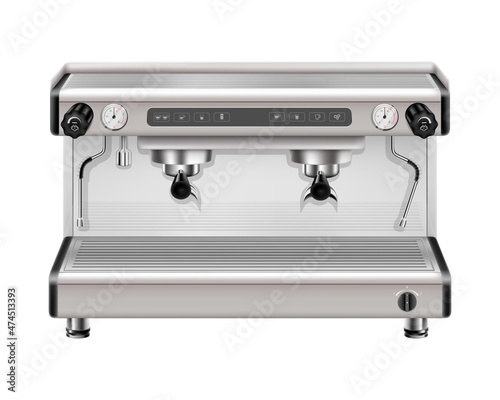 Modern metal professional coffee machine on two cups front view realistic 3d rendering isolated on white background. Espresso cappuccino coffee maker steam frothing machine