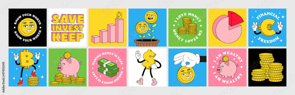 Financial sticker pack with funny cartoon abstract characters, inspirational quotes about money, finance, investment.