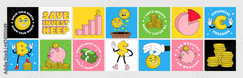 Financial sticker pack with funny cartoon abstract characters, inspirational quotes about money, finance, investment.