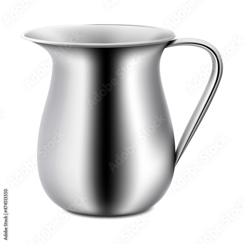 Glossy steel milk jug, stainless steel milk pot,realistic 3d vector isolated on white background.