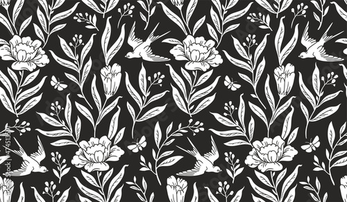 Boho mystical seamless pattern. Vector background with flower, bird and floral elements in trendy bohemian tattoo style.