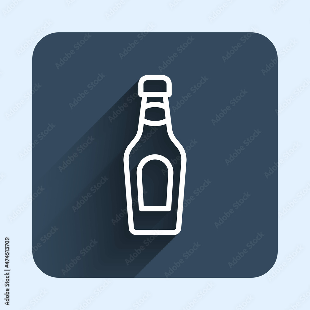 White line Champagne bottle icon isolated with long shadow background. Merry Christmas and Happy New Year. Blue square button. Vector White line Champagne bottle icon isolated with long shadow background. Merry Christmas and Happy New Year. Blue square button. Vector