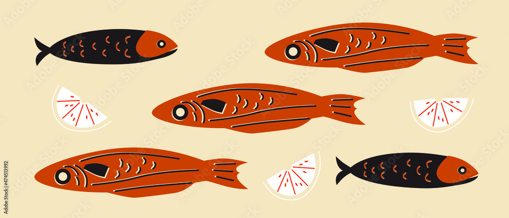Seafood, fish and lemon cartoon illustration. Seafood for flyers, posters, menu. Abstract flat vector illustration. Good food set banner. Cartoon seafood still life. Seafood, fish and lemon cartoon illustration. Seafood for flyers, posters, menu. Abstract flat vector illustration. Good food set banner. Cartoon seafood still life.