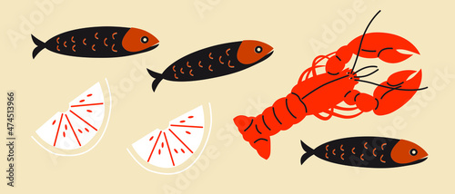 Seafood, shrimp vector illustration. Shrimp, lobster, fish cartoon style. Isolated elements. Drawings for poster, card or background. Cartoon flat Seafood illustration.