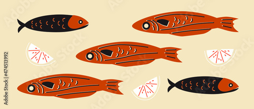 Seafood, fish and lemon cartoon illustration. Seafood for flyers, posters, menu. Abstract flat vector illustration. Good food set banner. Cartoon seafood still life.