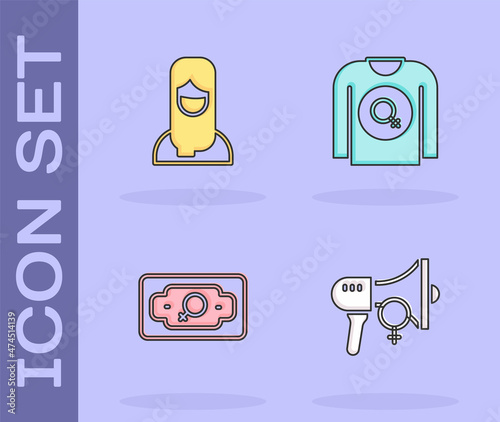 Set Feminist activist, Muslim woman hijab, Money growth and shirt icon. Vector