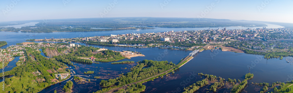Panorama of the city of Samara From the air, a view of the Volga River and the Samara River, bridges of the city of Samara. Samara, Russia.