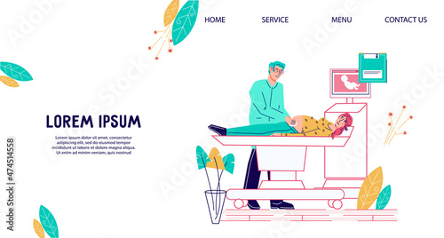 Pregnancy ultrasound screening exam website banner with doctor examining a pregnant woman. Medical pregnancy test webpage interface mockup, flat cartoon vector illustration.